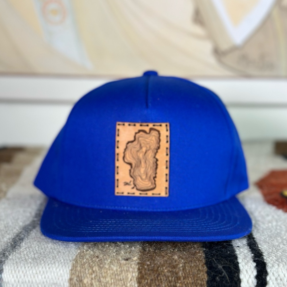 Unisex Lake Tahoe Topo Map Leather Patch Blue Trucker Baseball Snap Back Hat - Picture 3 of 6